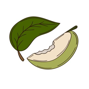 Sevimli meyve çizimi tarzı. Beyaz arkaplanda yeşil elma simgesi. Kartpostallar, el ilanları, afişler için tasarım. Simge, imza, çıkartma, iğne