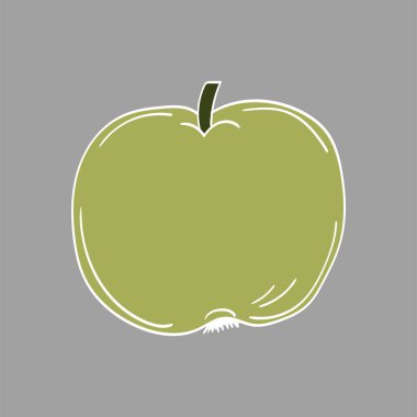Sevimli meyve çizimi tarzı. Gri arkaplanda yeşil elma simgesi. Beyaz taslak. Kartpostallar, el ilanları, afişler için tasarım. Simge