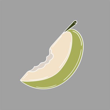 Sevimli meyve çizimi tarzı. Gri arkaplanda yeşil elma simgesi. Beyaz taslak. Kartpostallar, el ilanları, afişler için tasarım. Simge, imzala