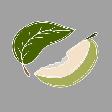 Sevimli meyve çizimi tarzı. Gri arkaplanda yeşil elma simgesi. Beyaz taslak. Kartpostallar, el ilanları, afişler için tasarım. Simge, imza, çıkartma, iğne