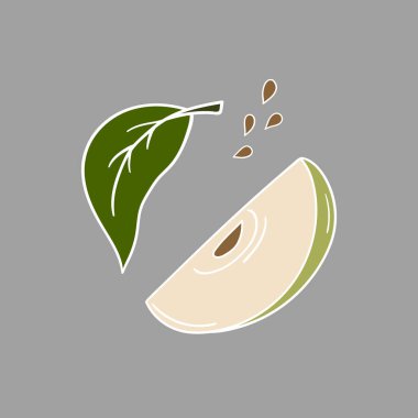 Sevimli meyve çizimi tarzı. Gri arkaplanda yeşil elma simgesi. Beyaz taslak. Kartpostallar, el ilanları, afişler için tasarım. Simge, işaret, etiket, iğne, logo