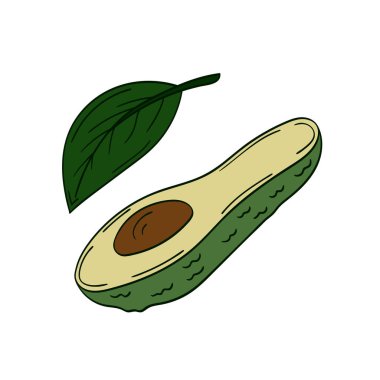 Sevimli meyve çizimi tarzı. Kartpostallar, el ilanları, afişler için tasarım. Beyaz arkaplanda Avokado simgesi. Simge, imza, etiket