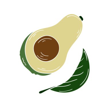 Sevimli meyve çizimi tarzı. Beyaz arka planda avokado. Beyaz taslak. Kartpostallar, el ilanları, afişler için tasarım. Simge, imzala