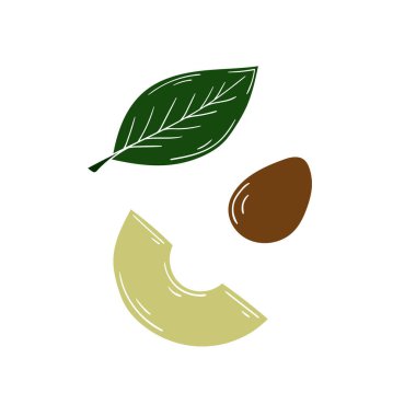 Sevimli meyve çizimi tarzı. Beyaz arka planda avokado. Beyaz taslak. Kartpostallar, el ilanları, afişler için tasarım. Simge, işaret, etiket, iğne, logo