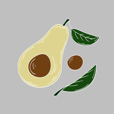 Sevimli meyve çizimi tarzı. Gri arka planda avokado. Beyaz özet