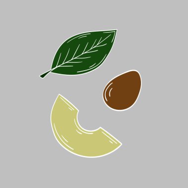 Sevimli meyve çizimi tarzı. Gri arka planda avokado. Beyaz taslak. Kartpostallar, el ilanları, afişler için tasarım. Simge, işaret, etiket, iğne, logo