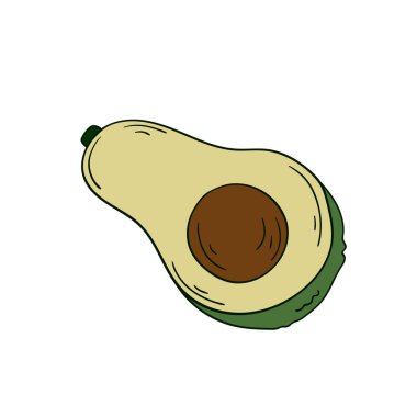 Sevimli meyve çizimi tarzı. Beyaz arkaplanda Avokado simgesi. Kartpostallar, el ilanları, afişler için tasarım. Simge, imza, çıkartma, iğne