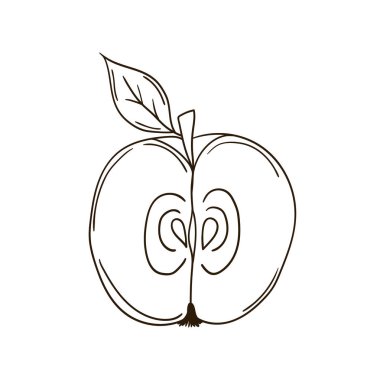 Sevimli meyve çizimi tarzı. Beyaz arkaplanda elma simgesi. Tek renkli olsun. Boyama kitapları ve oyunlar için tasarım
