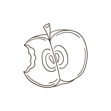 Sevimli meyve çizimi tarzı. Beyaz arkaplanda elma simgesi. Tek renkli olsun. Boyama kitapları, çocuk eğitim oyunları için tasarlandı. Simge, imza, çıkartma, iğne