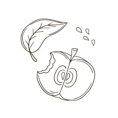Sevimli meyve çizimi tarzı. Beyaz arkaplanda elma simgesi. Tek renkli olsun. Boyama kitapları, çocuk eğitim oyunları için tasarlandı. Simge, imzala