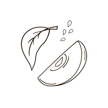 Sevimli meyve çizimi tarzı. Beyaz arkaplanda elma simgesi. Tek renkli olsun. Boyama kitapları, çocuk eğitim oyunları için tasarlandı. Simge, işaret, etiket, iğne, logo