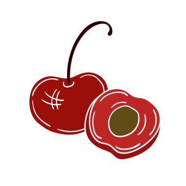 Elle çizim tarzında şirin çilek çizimi. Beyaz taslak. Beyaz arka planda kiraz. Kartpostallar, el ilanları, afişler için tasarım. Simge, işaret, etiket, iğne, logo