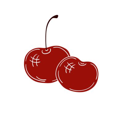 Elle çizim tarzında şirin çilek çizimi. Beyaz taslak. Beyaz arka planda kiraz. Kartpostallar, el ilanları, afişler için tasarım. Simge, imza, çıkartma, iğne