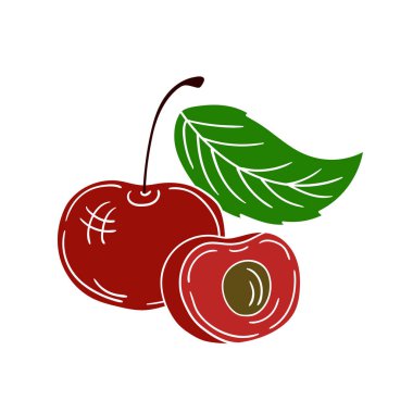 Elle çizim tarzında şirin çilek çizimi. Beyaz arka planda kiraz. Beyaz özet