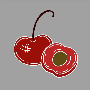 Elle çizim tarzında şirin çilek çizimi. Gri arka planda kiraz. Beyaz özet