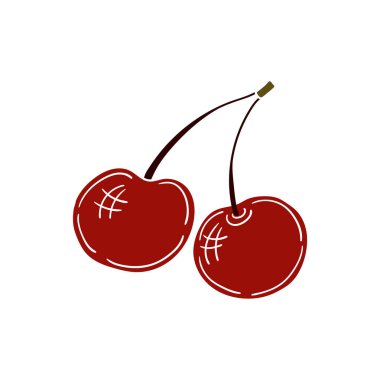 Elle çizim tarzında şirin çilek çizimi. Beyaz arka planda kiraz. Beyaz taslak. Kartpostallar, el ilanları, afişler için tasarım. Simge, imza, çıkartma, iğne