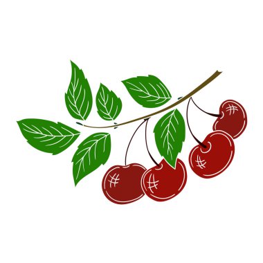 Elle çizim tarzında şirin çilek çizimi. Beyaz arka planda kiraz. Beyaz taslak. Kartpostallar, el ilanları, afişler için tasarım. Simge, işaret, etiket, iğne, logo