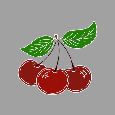 Elle çizim tarzında şirin çilek çizimi. Gri arka planda kiraz. Beyaz taslak. Kartpostallar, el ilanları, afişler için tasarım. Simge, imza, etiket