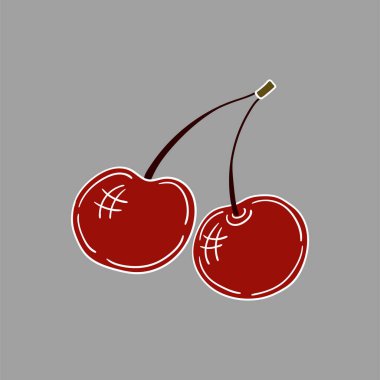 Elle çizim tarzında şirin çilek çizimi. Gri arka planda kiraz. Beyaz taslak. Kartpostallar, el ilanları, afişler için tasarım. Simge, imza, çıkartma, iğne