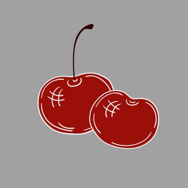 Elle çizim tarzında şirin çilek çizimi. Gri arka planda kiraz. Beyaz taslak. Kartpostallar, el ilanları, afişler için tasarım. Simge, işaret, iğne, logo