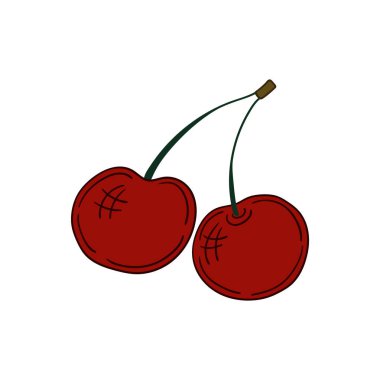 Elle çizim tarzında şirin çilek çizimi. Beyaz arka planda kiraz ikonu. Kartpostallar, el ilanları, afişler için tasarım. Simge, imza, çıkartma, iğne