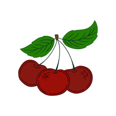 Elle çizim tarzında şirin çilek çizimi. Beyaz arka planda kiraz ikonu. Kartpostallar, el ilanları, afişler için tasarım. Simge, imza, etiket