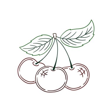 Elle çizim tarzında şirin çilek çizimi. Beyaz arka planda kiraz ikonu. Renk çizgisi. Kartpostallar, el ilanları, afişler için tasarım. Simge, imza, etiket