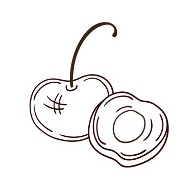 Elle çizim tarzında şirin çilek çizimi. Beyaz arka planda kiraz ikonu. Renk çizgisi. Kartpostallar, el ilanları, afişler için tasarım. Simge, işaret, iğne, logo