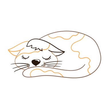 Elle çizim tarzında sevimli bir hayvan çizimi. Beyaz arka planda kedi simgesi. Renk çizgisi. Boyama kitapları, çocuk eğitim oyunları için tasarlandı. Simge, imza, etiket