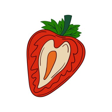 Beyaz arka planda çilek ikonu. Elle çizim tarzında şirin çilek çizimi. Kartpostallar, el ilanları, afişler için tasarım. Simge, imzala