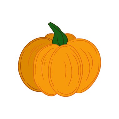 Beyaz arkaplanda balkabağı simgesi. Sevimli sebze çizim stili. Kartpostallar, el ilanları, afişler için tasarım. Simge, işaret, etiket, iğne, logo