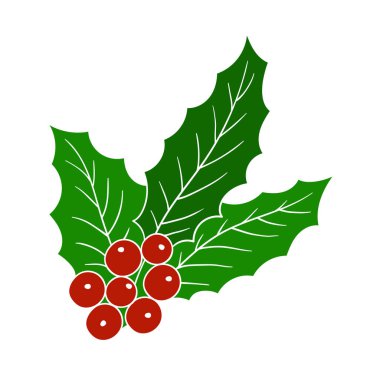 Holly beyaz arka planda. Elle çizim tarzında şirin çilek çizimi. Beyaz taslak. Kartpostallar, el ilanları, afişler için tasarım. Simge, işaret, etiket, iğne, logo