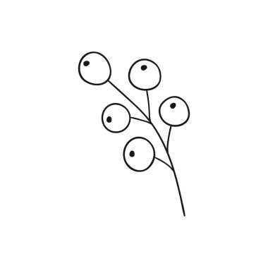 Beyaz arka planda Holly simgesi. Elle çizim tarzında şirin çilek çizimi. Tek renkli olsun. Boyama kitapları, çocuk eğitim oyunları için tasarlandı. Simge, imza, çıkartma, iğne