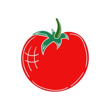 Sevimli sebze çizim stili. Beyaz taslak. Beyaz arkaplanda domates ikonu. Kartpostallar, el ilanları, afişler için tasarım. Simge, imzala