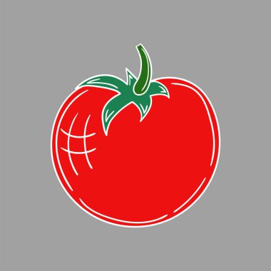 Sevimli sebze çizim stili. Beyaz taslak. Gri arkaplanda domates ikonu. Kartpostallar, el ilanları, afişler için tasarım. Simge, imzala