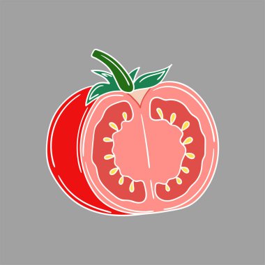 Sevimli sebze çizim stili. Beyaz taslak. Gri arkaplanda domates ikonu. Kartpostallar, el ilanları, afişler için tasarım. Simge, işaret, etiket, iğne, logo