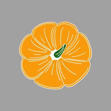 Sevimli sebze çizim stili. Beyaz taslak. Gri arkaplanda balkabağı simgesi. Kartpostallar, el ilanları, afişler için tasarım. Simge, imza, etiket