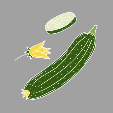 Sevimli sebze çizim stili. Beyaz taslak. Gri arka planda salatalık. Kartpostallar, el ilanları, afişler için tasarım. Simge, imza, etiket