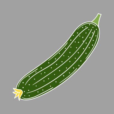 Sevimli sebze çizim stili. Beyaz taslak. Gri arka planda salatalık. Kartpostallar, el ilanları, afişler için tasarım. Simge, imzala