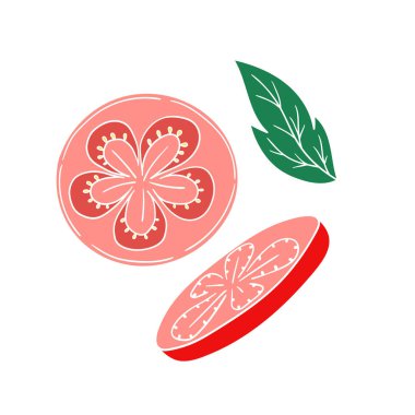 Sevimli sebze çizim stili. Beyaz arkaplanda domates ikonu. Beyaz taslak. Tasarım