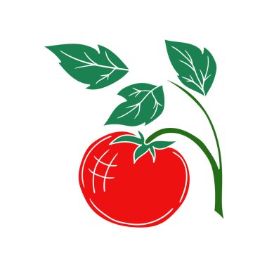 Sevimli sebze çizim stili. Beyaz arkaplanda domates ikonu. Beyaz taslak. Kartpostallar, el ilanları, afişler için tasarım. Simge, imza, çıkartma, iğne