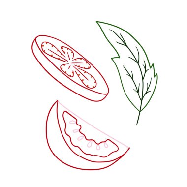 Sevimli sebze çizim stili. Beyaz arkaplanda domates ikonu. Renk çizgisi. Kartpostallar, el ilanları, afişler için tasarım