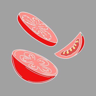 Sevimli sebze çizim stili. Gri arkaplanda domates ikonu. Beyaz taslak. Kartpostallar için tasarım