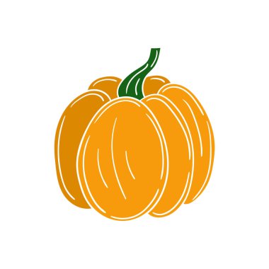 Sevimli sebze çizim stili. Beyaz arkaplanda balkabağı simgesi. Beyaz taslak. Kartpostallar, el ilanları, afişler için tasarım. Simge, imza, çıkartma, iğne