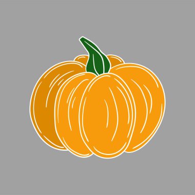 Sevimli sebze çizim stili. Gri arkaplanda balkabağı simgesi. Beyaz taslak. Kartpostallar, el ilanları için tasarım