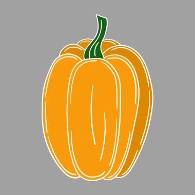 Sevimli sebze çizim stili. Gri arkaplanda balkabağı simgesi. Beyaz taslak. Kartpostallar, el ilanları, afişler için tasarım. Simge, işaret, etiket, iğne, logo