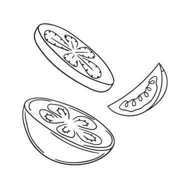 Sevimli sebze çizim stili. Tek renkli olsun. Beyaz arkaplanda domates ikonu. Boyama kitapları ve çocuk oyunu için tasarım