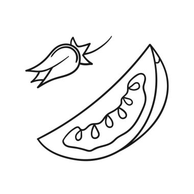 Sevimli sebze çizim stili. Tek renkli olsun. Beyaz arkaplanda domates ikonu. Boyama kitapları, çocuk eğitim oyunları için tasarlandı. Simge, imza, etiket