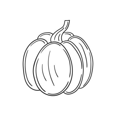 Sevimli sebze çizim stili. Tek renkli olsun. Beyaz arkaplanda balkabağı simgesi. Boyama kitapları, çocuk eğitim oyunları için tasarlandı. Simge, imza, çıkartma, iğne