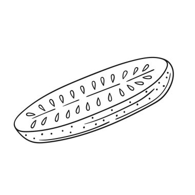 Sevimli sebze çizim stili. Tek renkli olsun. Beyaz arkaplanda salatalık simgesi. Boyama kitapları, çocuk eğitim oyunları için tasarlandı. Simge, imzala